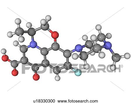 Stock Image - Levofloxacin antibiotic, molecular model. Atoms are represented as spheres and are colour-coded: carbon (grey), hydrogen (white), nitrogen (dark blue), oxygen (red) and fluorine (light blue).. Fotosearch