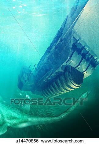 Stock Photograph - Loch Ness monster. Computer artwork of a submarine searching for the Loch Ness monster.. Fotosearch