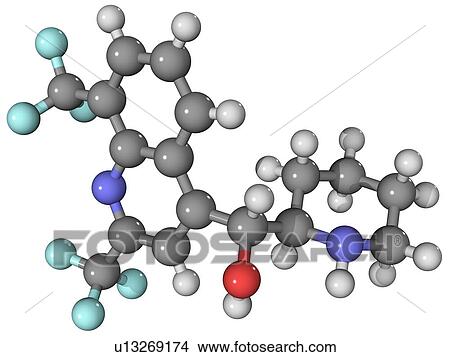 Mefloquine, molecular model. This drug is used for the prevention and treatment of malaria. Atoms are represented as spheres and are colour-coded: carbon (grey), hydrogen (white), nitrogen (dark blue), oxygen (red) and fluorine (light blue). View Large Photo Image Picture - Mefloquine, molecular model. This drug is used for the prevention and treatment of malaria. Atoms are represented as spheres and are colour-coded: carbon (grey), hydrogen (white), nitrogen (dark blue), oxygen (red) and fluorine (light blue).. Fotosearch