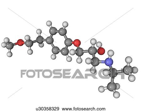 Metoprolol, molecular model. This beta-blocker drug is used to treat hypertension (high blood pressure) and angina. Atoms are represented as spheres and are colour-coded: carbon (grey), hydrogen (white), oxygen (blue) and nitrogen (blue). View Large Photo Image Stock Photo - Metoprolol, molecular model. This beta-blocker drug is used to treat hypertension (high blood pressure) and angina. Atoms are represented as spheres and are colour-coded: carbon (grey), hydrogen (white), oxygen (blue) and nitrogen (blue).. Fotosearch