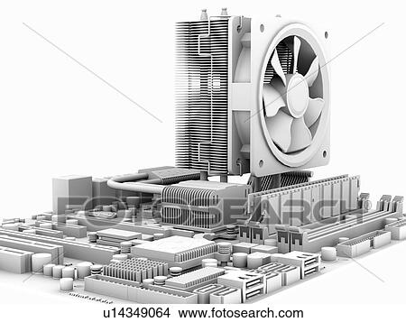 Picture - Motherboard. Computer artwork of the main circuit board (motherboard) of a personal computer (PC). Motherboard components include transistors, diodes, resistors, capacitors and inductors. Motherboards contain the main processing parts of a computer system. Fotosearch