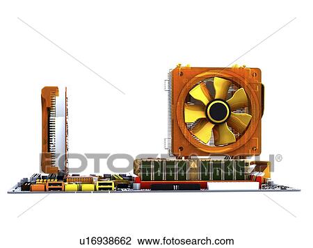 Stock Image - Motherboard. Computer artwork of the main circuit board (motherboard) of a personal computer (PC). Motherboard components include transistors, diodes, resistors, capacitors and inductors. Motherboards contain the main processing parts of a computer system. Fotosearch