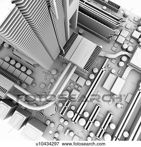 Stock Photo - Motherboard. Computer artwork of the main circuit board (motherboard) of a personal computer (PC). Motherboard components include transistors, diodes, resistors, capacitors and inductors. Motherboards contain the main processing parts of a computer system. Fotosearch
