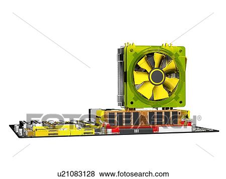 Stock Photo - Motherboard. Computer artwork of the main circuit board (motherboard) of a personal computer (PC). Motherboard components include transistors, diodes, resistors, capacitors and inductors. Motherboards contain the main processing parts of a computer system. Fotosearch