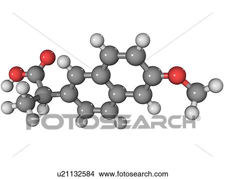 Picture - Naproxen, molecular model. This is an anti-inflammatory and analgesic (painkiller) drug. Atoms are represented as spheres and are colour-coded: carbon (grey), hydrogen (white) and oxygen (red).. Fotosearch