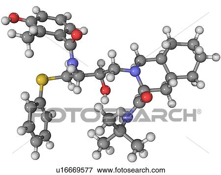 Stock Photo - Nelfinavir AIDS drug, molecular model. This is a protease inhibitor marketed as Viraceptn. Atoms are represented as spheres and are colour-coded: carbon (grey), hydrogen (white), nitrogen (blue), oxygen (red) and sulphur (yellow).. Fotosearch