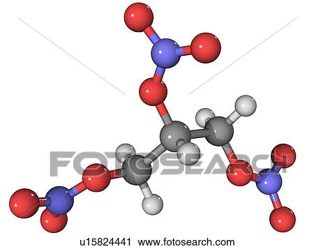 Stock Image - Nitroglycerin, molecular model. This chemical is used as a heart drug and an explosive. Atoms are represented as spheres and are colour-coded: carbon (grey), hydrogen (white), oxygen (red) and nitrogen (blue).. Fotosearch