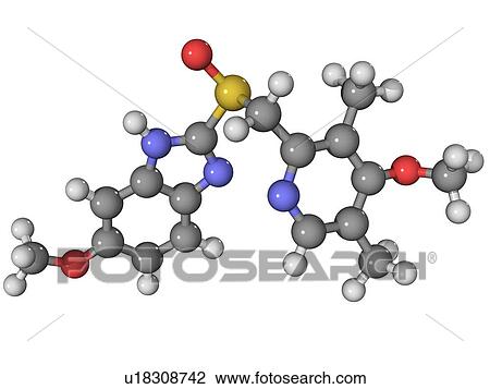 Stock Image - Omeprazole drug, molecular model. This is a proton-pump inhibitor used to treat conditions where too much acid is produced by the stomach, including ulcers and acid reflux. Atoms are represented as spheres and are colour-coded: carbon (grey), hydrogen (wh. Fotosearch