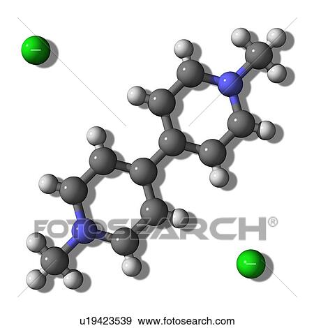 Stock Photo - Paraquat, molecular model. This is a non-selective herbicide. Atoms are represented as spheres and are colour-coded: carbon (grey), hydrogen (white), nitrogen (blue) and chlorine ions (green).. Fotosearch