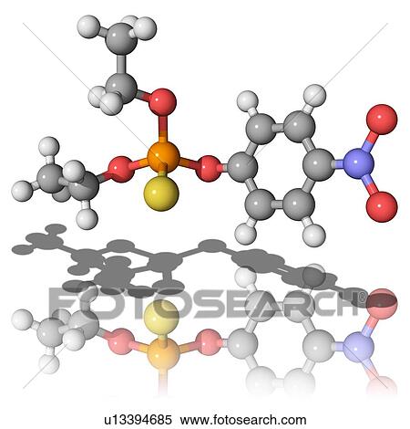 Stock Photography - Parathion, molecular model. This is an organophosphate pesticide. Atoms are represented as spheres and are colour-coded: carbon (grey), hydrogen (white), oxygen (red), nitrogen (blue), sulphur (yellow) and phosphorous (orange).. Fotosearch