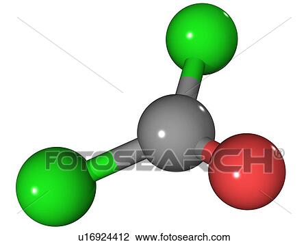 Stock Image - Phosgene chemical weapon, molecular model. Atoms are represented as spheres and are colour-coded: carbon (grey), chlorine (green) and oxygen (red).. Fotosearch