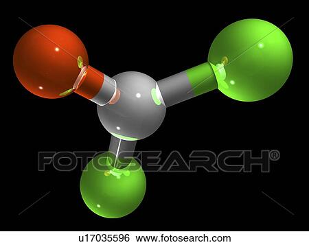 Stock Photograph - Phosgene chemical weapon, molecular model. Atoms are represented as spheres and are colour-coded: carbon (grey), chlorine (green) and oxygen (red).. Fotosearch