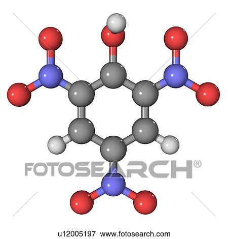 Picric acid explosive, molecular model. Atoms are represented as spheres and colour-coded: carbon (grey), hydrogen (white), nitrogen (blue) and oxygen (red). View Large Photo Image Stock Photo - Picric acid explosive, molecular model. Atoms are represented as spheres and colour-coded: carbon (grey), hydrogen (white), nitrogen (blue) and oxygen (red).. Fotosearch