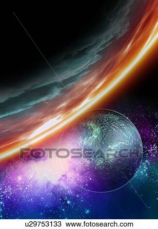 Stock Image - Planet and its moon. Computer artwork of an alien planet (top left) and its moon.. Fotosearch
