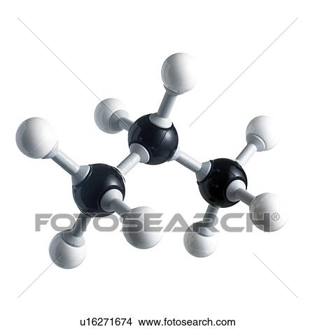Propane molecule. Atoms are represented as spheres and are colour-coded: carbon (black) and hydrogen (white). View Large Photo Image Picture - Propane molecule. Atoms are represented as spheres and are colour-coded: carbon (black) and hydrogen (white).. Fotosearch