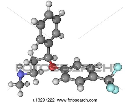 Prozac. Molecular model of the antidepressant fluoxetine, marketed as Prozac. Atoms are represented as spheres and are colour-coded: carbon (grey), hydrogen (white) oxygen (red), nitrogen (dark blue) and fluorine (light blue). View Large Photo Image Stock Image - Prozac. Molecular model of the antidepressant fluoxetine, marketed as Prozac. Atoms are represented as spheres and are colour-coded: carbon (grey), hydrogen (white) oxygen (red), nitrogen (dark blue) and fluorine (light blue).. Fotosearch