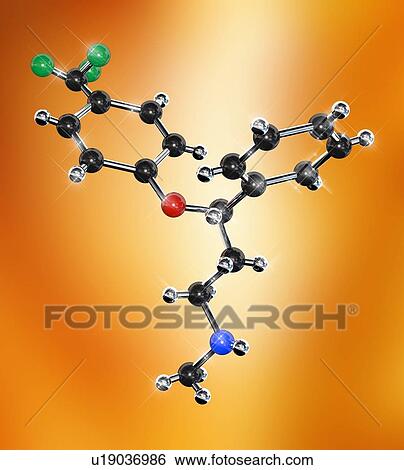 Prozac. Molecular model of the antidepressant drug fluoxetine, which is marketed as Prozac. Atoms are represented as spheres and are colour-coded: carbon (black), hydrogen (silver), nitrogen (blue), oxygen (red) and fluorine (green). View Large Photo Image Stock Photograph - Prozac. Molecular model of the antidepressant drug fluoxetine, which is marketed as Prozac. Atoms are represented as spheres and are colour-coded: carbon (black), hydrogen (silver), nitrogen (blue), oxygen (red) and fluorine (green).. Fotosearch