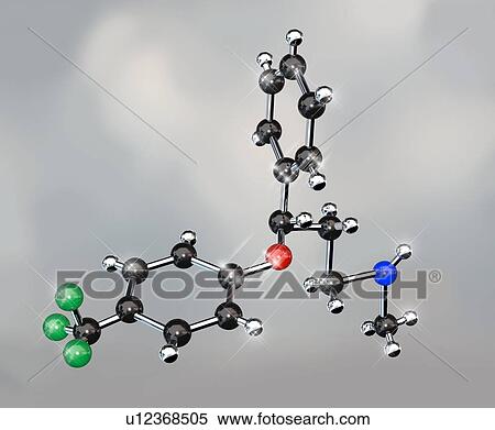 Prozac. Molecular model of the antidepressant drug fluoxetine, which is marketed as Prozac. Atoms are represented as spheres and are colour-coded: carbon (black), hydrogen (silver), nitrogen (blue), oxygen (red) and fluorine (green). View Large Photo Image Stock Photography - Prozac. Molecular model of the antidepressant drug fluoxetine, which is marketed as Prozac. Atoms are represented as spheres and are colour-coded: carbon (black), hydrogen (silver), nitrogen (blue), oxygen (red) and fluorine (green).. Fotosearch