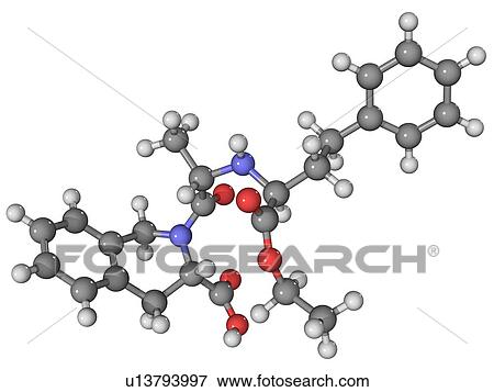 Quinapril, molecular model. This is an ACE inhibitor drug used to treat hypertension (high blood pressure) and congestive heart failure. Atoms are represented as spheres and are colour-coded: carbon (grey), hydrogen (white), nitrogen (blue) and oxygen (re View Large Photo Image Stock Photo - Quinapril, molecular model. This is an ACE inhibitor drug used to treat hypertension (high blood pressure) and congestive heart failure. Atoms are represented as spheres and are colour-coded: carbon (grey), hydrogen (white), nitrogen (blue) and oxygen (re. Fotosearch