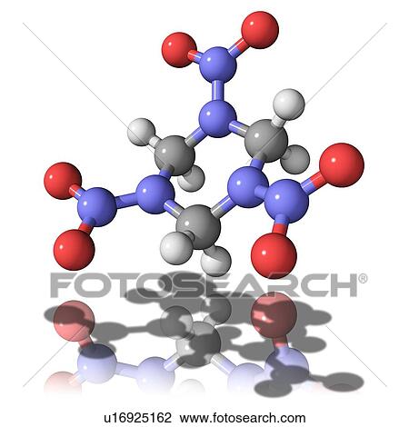 Stock Image - RDX, molecular model. This explosive is also known as T4 and cyclonite. Atoms are represented as spheres and are colour-coded: carbon (grey), hydrogen (white), oxygen (red) and nitrogen (blue).. Fotosearch
