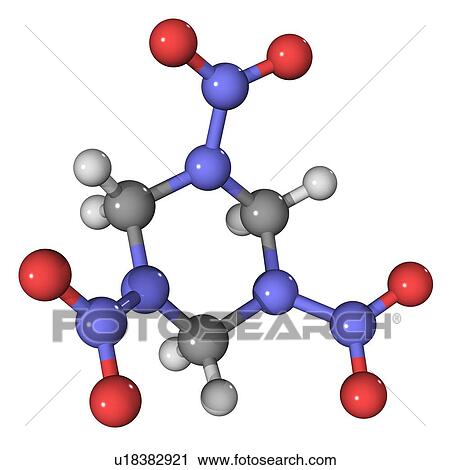 Stock Image - RDX, molecular model. This explosive is also known as T4 and cyclonite. Atoms are represented as spheres and are colour-coded: carbon (grey), hydrogen (white), oxygen (red) and nitrogen (blue).. Fotosearch