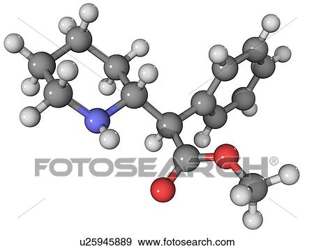 Ritalin. Molecular model of the stimulant drug methylphenidate, marketed as Ritalin. Atoms are represented as spheres and are colour-coded: carbon (grey), hydrogen (white), oxygen (red), nitrogen (blue). View Large Photo Image Stock Photo - Ritalin. Molecular model of the stimulant drug methylphenidate, marketed as Ritalin. Atoms are represented as spheres and are colour-coded: carbon (grey), hydrogen (white), oxygen (red), nitrogen (blue).. Fotosearch