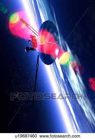 Stock Image - Satellite orbiting Earth, computer artwork.. Fotosearch