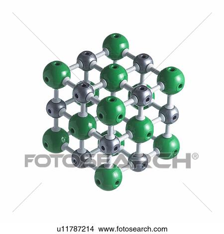 Sodium chloride lattice. Atoms are represented as spheres and are colour-coded: sodium (silver) and chlorine (green). View Large Photo Image Picture - Sodium chloride lattice. Atoms are represented as spheres and are colour-coded: sodium (silver) and chlorine (green).. Fotosearch