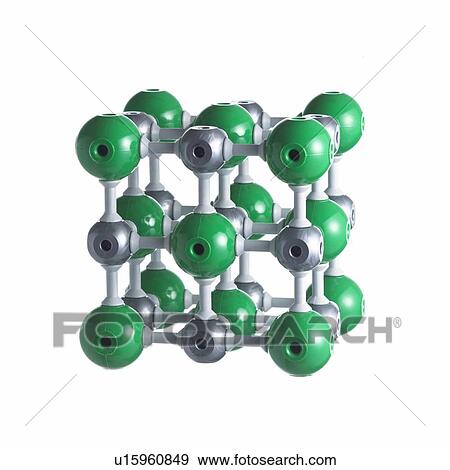 Stock Photo - Sodium chloride lattice. Atoms are represented as spheres and are colour-coded: sodium (silver) and chlorine (green).. Fotosearch