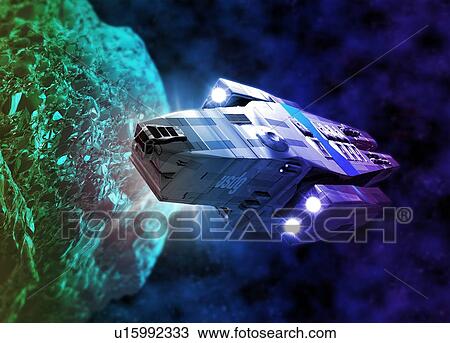 Stock Image - Space exploration. Computer artwork of a mining spacecraft inspecting an asteroid for mineral deposits.. Fotosearch