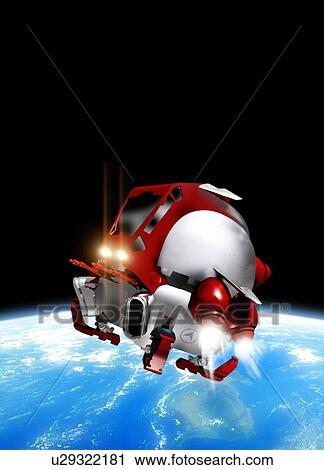 Stock Image - Space travel. Computer artwork of a futuristic spaceship in Earth orbit.. Fotosearch