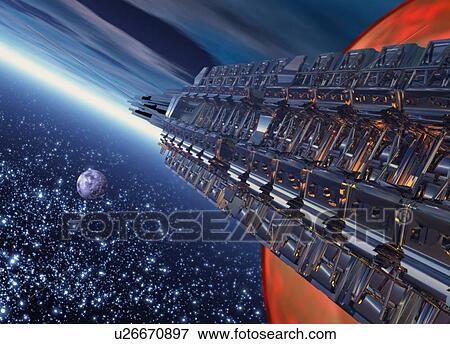 Stock Photo - Space travel. Computer artwork of a spaceship approaching a planet.. Fotosearch