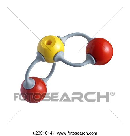 Stock Photo - Sulphur dioxide molecule. Atoms are represented as spheres and are colour-coded: sulphur (yellow) and oxygen (red).. Fotosearch