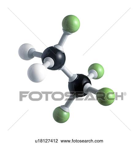 Stock Image - Tetrafluoroethane molecule. Atoms are represented as spheres and are colour-coded: carbon (black), hydrogen (white) and fluorine (green).. Fotosearch