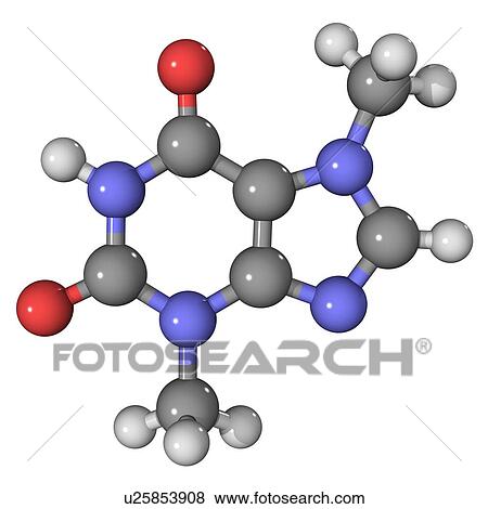 Stock Photo - Theobromine, molecular model. This bitter alkaloid is found in cocoa bean. Atoms are represented as spheres and are colour-coded: carbon (grey), hydrogen (white), nitrogen (blue) and oxygen (red).. Fotosearch