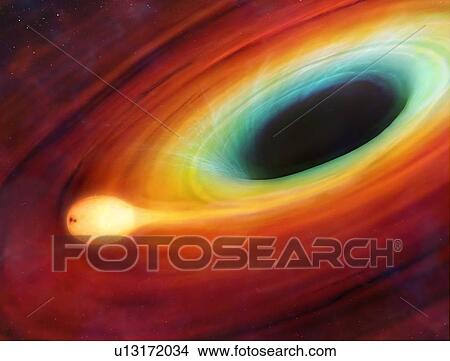 Picture - This artwork shows a star being distorted by its close passage to a supermassive black hole at the centre of a galaxy.. Fotosearch