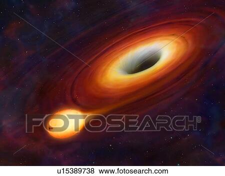 Stock Photo - This artwork shows a star being distorted by its close passage to a supermassive black hole at the centre of a galaxy.. Fotosearch