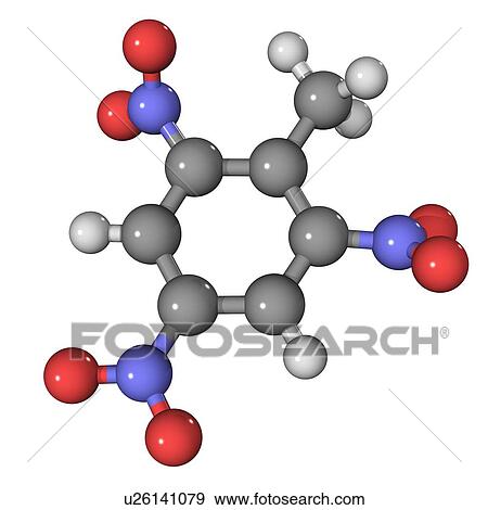 TNT. Molecular model of the explosive TNT. Atoms are represented as spheres and are colour-coded: carbon (grey), hydrogen (white), nitrogen (blue) and oxygen (red). View Large Photo Image Stock Photo - TNT. Molecular model of the explosive TNT. Atoms are represented as spheres and are colour-coded: carbon (grey), hydrogen (white), nitrogen (blue) and oxygen (red).. Fotosearch