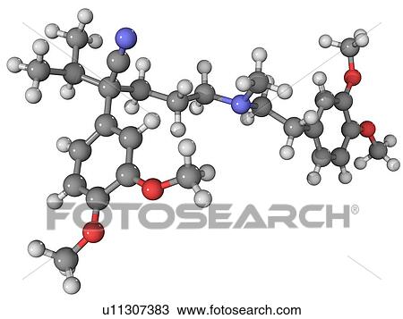 Verapamil, molecular model. This is a calcium channel blocker used to treat hypertension (high blood pressure) and angina. Atoms are represented as spheres and are colour-coded: carbon (grey), hydrogen (white), oxygen (red) and nitrogen (blue). View Large Photo Image Stock Image - Verapamil, molecular model. This is a calcium channel blocker used to treat hypertension (high blood pressure) and angina. Atoms are represented as spheres and are colour-coded: carbon (grey), hydrogen (white), oxygen (red) and nitrogen (blue).. Fotosearch