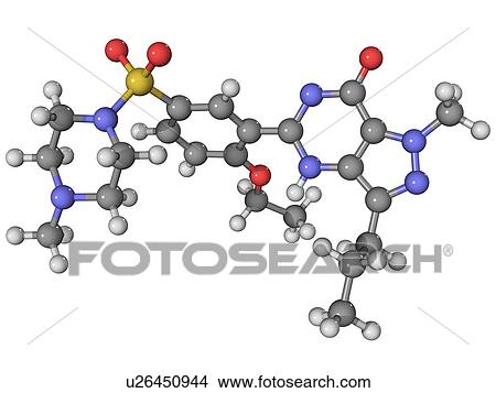 Viagra. Molecular model of the drug sildenafil citrate, marketed under the brands Viagra and Revatio. Atoms are represented as spheres and are colour-coded: carbon (grey), hydrogen (white), nitrogen (blue), oxygen (red), sulphur (yellow). View Large Photo Image Picture - Viagra. Molecular model of the drug sildenafil citrate, marketed under the brands Viagra and Revatio. Atoms are represented as spheres and are colour-coded: carbon (grey), hydrogen (white), nitrogen (blue), oxygen (red), sulphur (yellow).. Fotosearch
