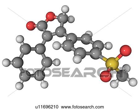 Stock Image - Vioxx. Molecular model of the non-steroidal anti-inflammatory drug rofecoxib, which was marketed as Vioxx. This drug was withdrawn from use in 2004 due to concerns over increased heart attack and stroke risk in patients. Atoms are represented as spheres a. Fotosearch