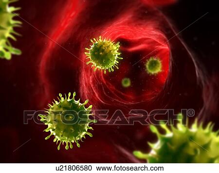 Stock Image - Viral infection, conceptual computer artwork. Virus particles in the blood stream.. Fotosearch