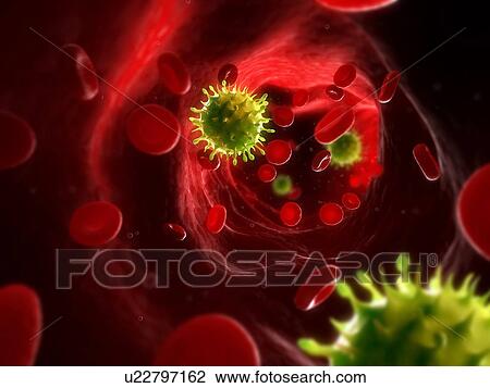 Stock Image - Viral infection, conceptual computer artwork. Virus particles in the blood stream.. Fotosearch
