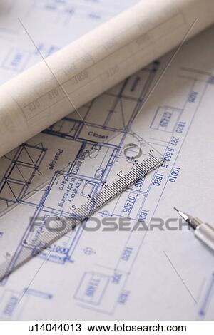 Stock Image - Blueprint, Ruler and Mechanical Pencil. Fotosearch