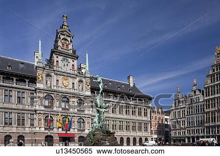 Bravo Statue (Standbeeld van Brabo) and Antwerp City Hall (Stadhuis van Antwerpen) View Large Photo Image Stock Photography - Bravo Statue (Standbeeld van Brabo) and Antwerp City Hall (Stadhuis van Antwerpen). Fotosearch