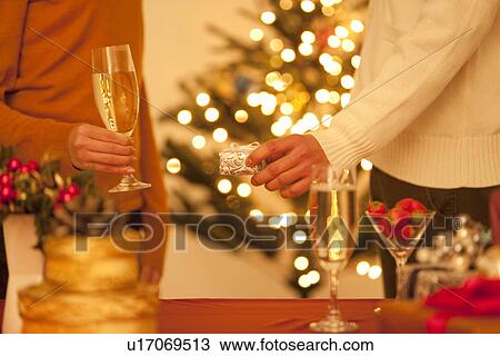 Couple Having Champagne and Giving Presents at Christmas View Large Photo Image Stock Image - Couple Having Champagne and Giving Presents at Christmas. Fotosearch