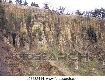 Earth pillars, Awa City, Tokushima City, Japan View Large Photo Image Picture - Earth pillars, Awa City, Tokushima City, Japan. Fotosearch