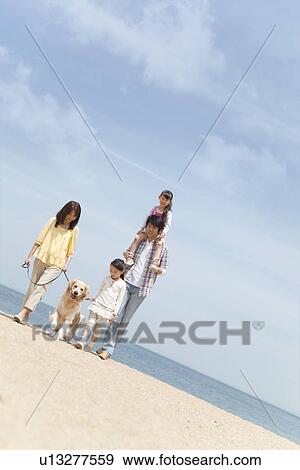 Family of Four and Dog on Beach View Large Photo Image Stock Photo - Family of Four and Dog on Beach. Fotosearch