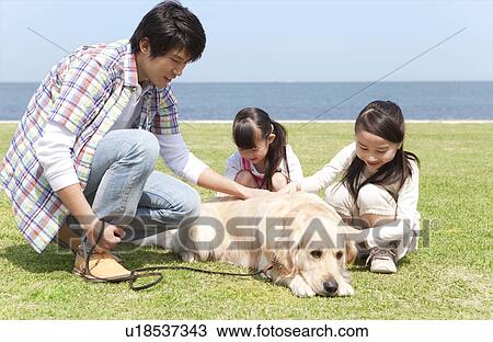 Stock Image - Father, Two Daughters and Dog on Grass. Fotosearch
