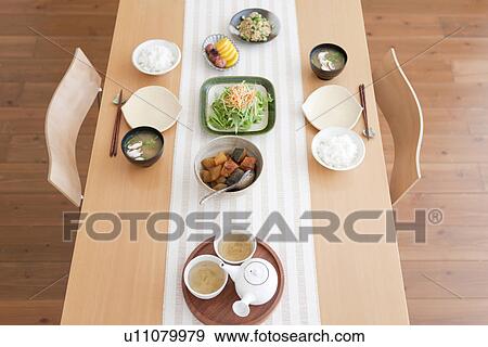 High Angle View of Japanese Breakfast Table View Large Photo Image Stock Photo - High Angle View of Japanese Breakfast Table. Fotosearch